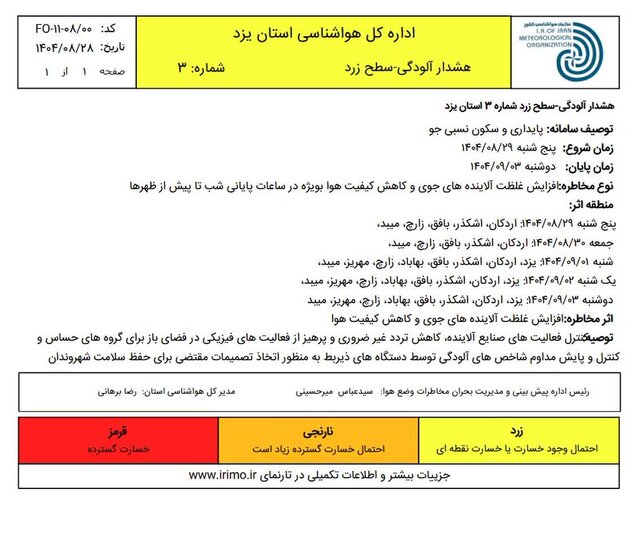 هواشناسی هشدار داد؛ کاهش کیفیت هوا در یزد