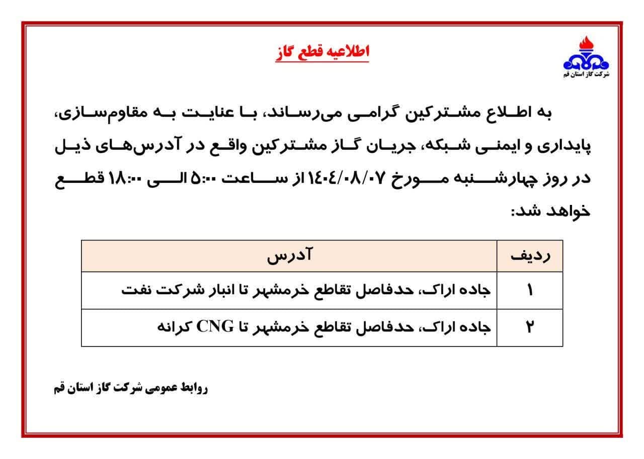 اطلاعیه قطع گاز در برخی مناطق قم فردا ۷ آبان اطلاعیه قطع گاز در برخی مناطق قم فردا ۷ آبان