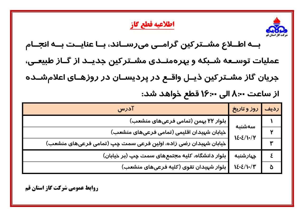 اطلاعیه قطع جریان گاز در پردیسان فردا وپس فردا